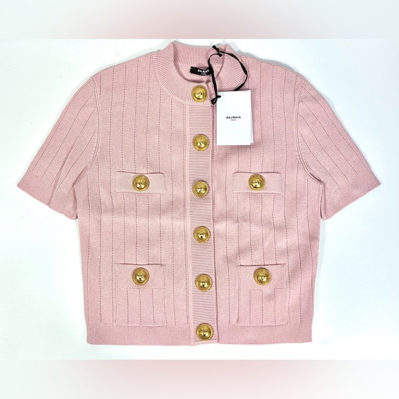 Balmain Knitted Four Pocket Short Sleeve Cardigan FR 40 US 8 Pink NWT - Picture 8 of 17